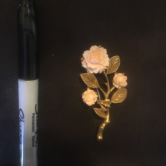 Vintage Pink Rose Flower Leaf Brooch Pin - Picture 2 of 5